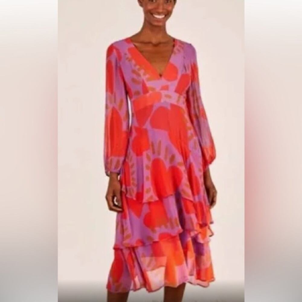 NWT Farm Rio Wild Hearts Purple Layered Long Sleeve Chiffon Midi Dress Size S